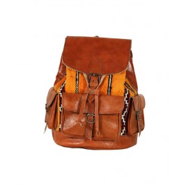 Genuine leather backpack with yellow kilim