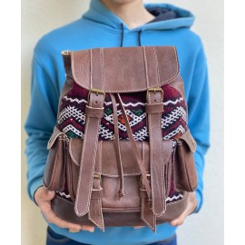 Genuine leather blue backpack with red kilim
