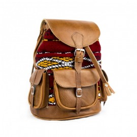 Brown genuine leather backpack with red kilim
