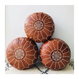 Set med tre pouf i äkta läder